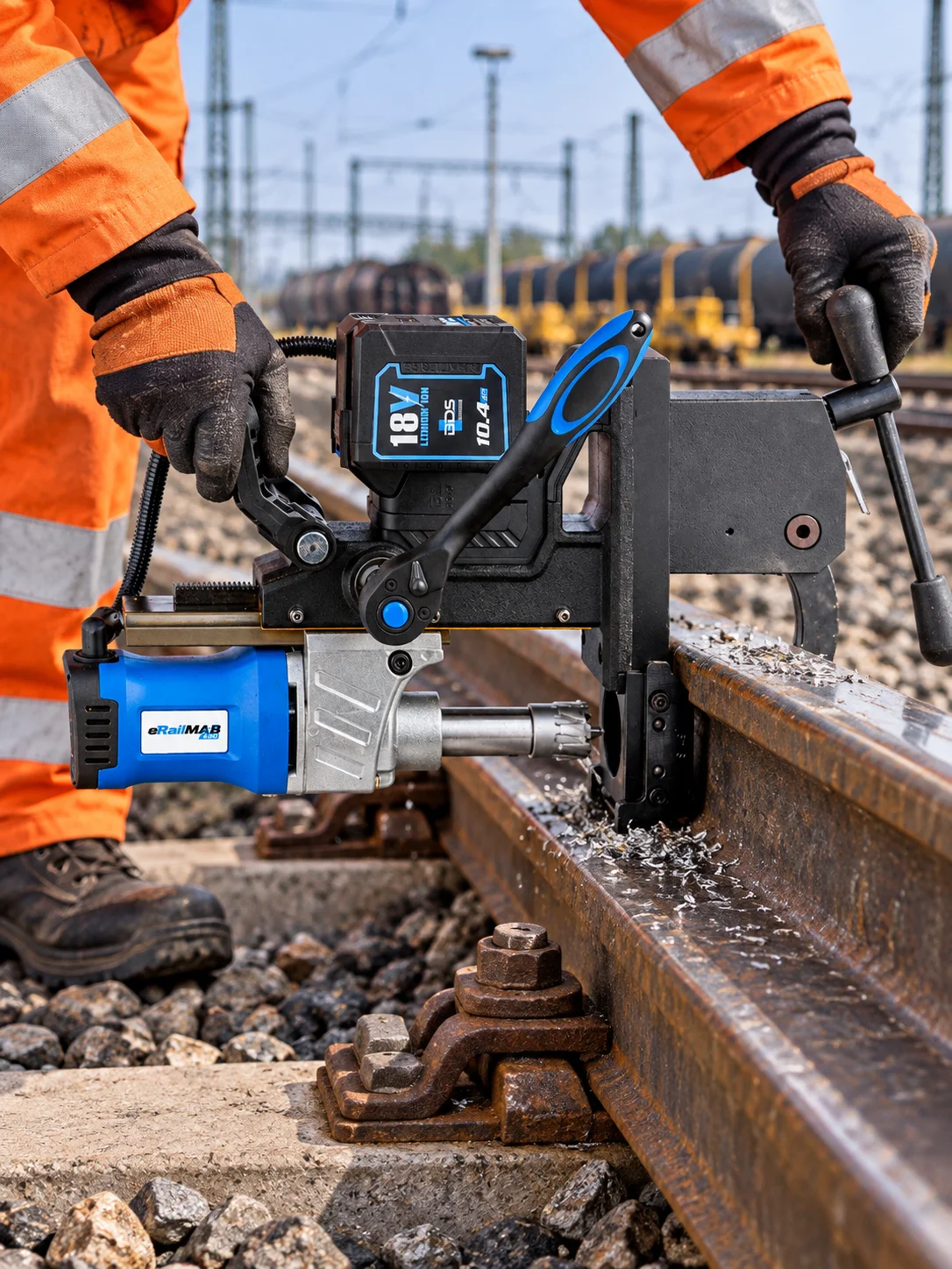 Battery operated rail drilling machine